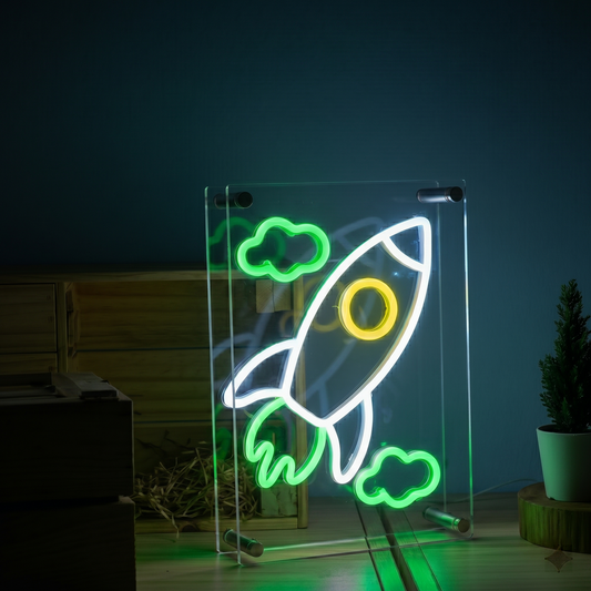Rocket LED Neon Sign White Blue Space Neon Light Wall Decor for Kids Room Bedroom Game Room