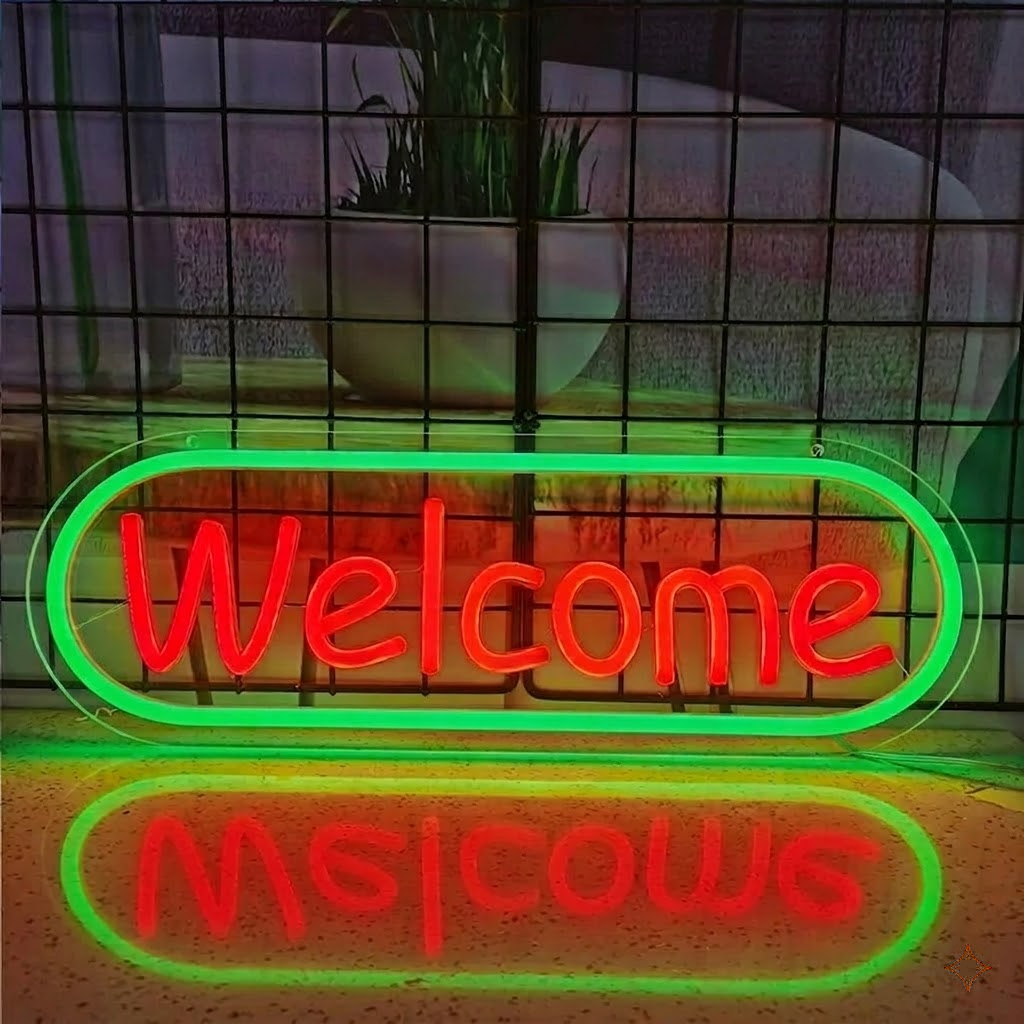 Welcome Neon Sign Red Text Green Frame LED Neon Light for Bar Pub Shop Wall Decor