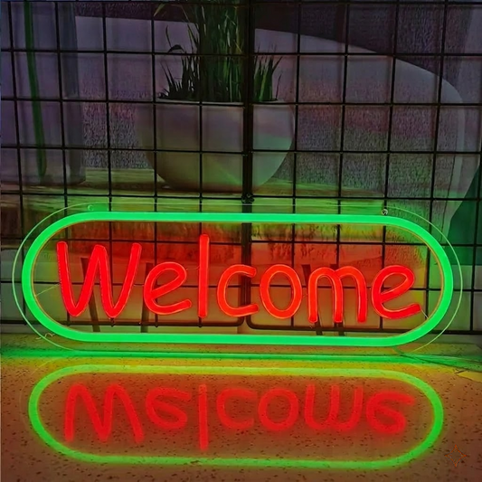 Welcome Neon Sign Red Text Green Frame LED Neon Light for Bar Pub Shop Wall Decor