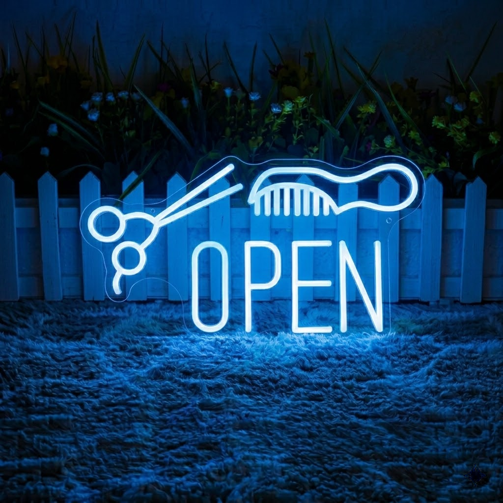 Hair Salon Open Neon Sign with Scissors & Comb LED Light for Shop Window or Wall