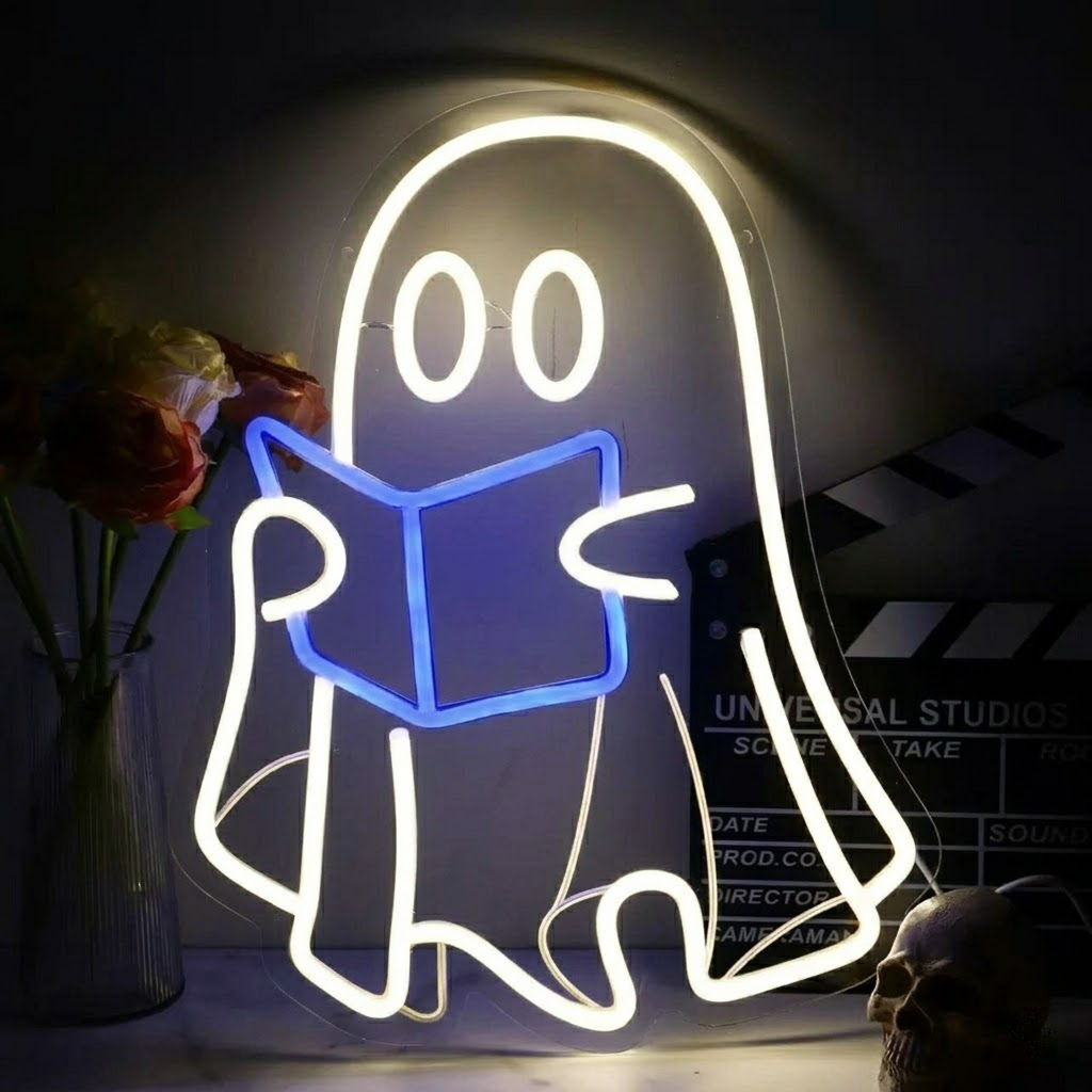Cute Ghost Reading Book LED Neon Sign Pink Book Neon Light for Bedroom Study Room Halloween Decor