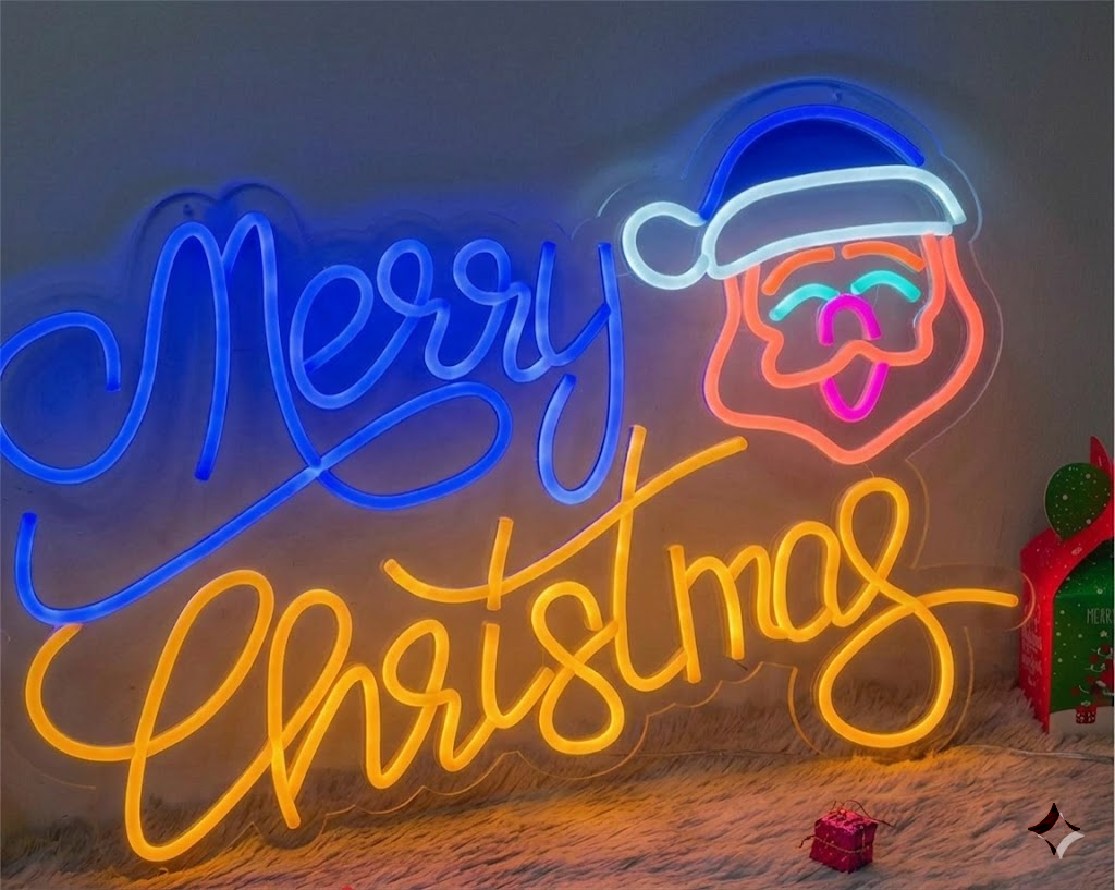 LED Merry Christmas Neon Sign with Santa Face in Red, Green and White