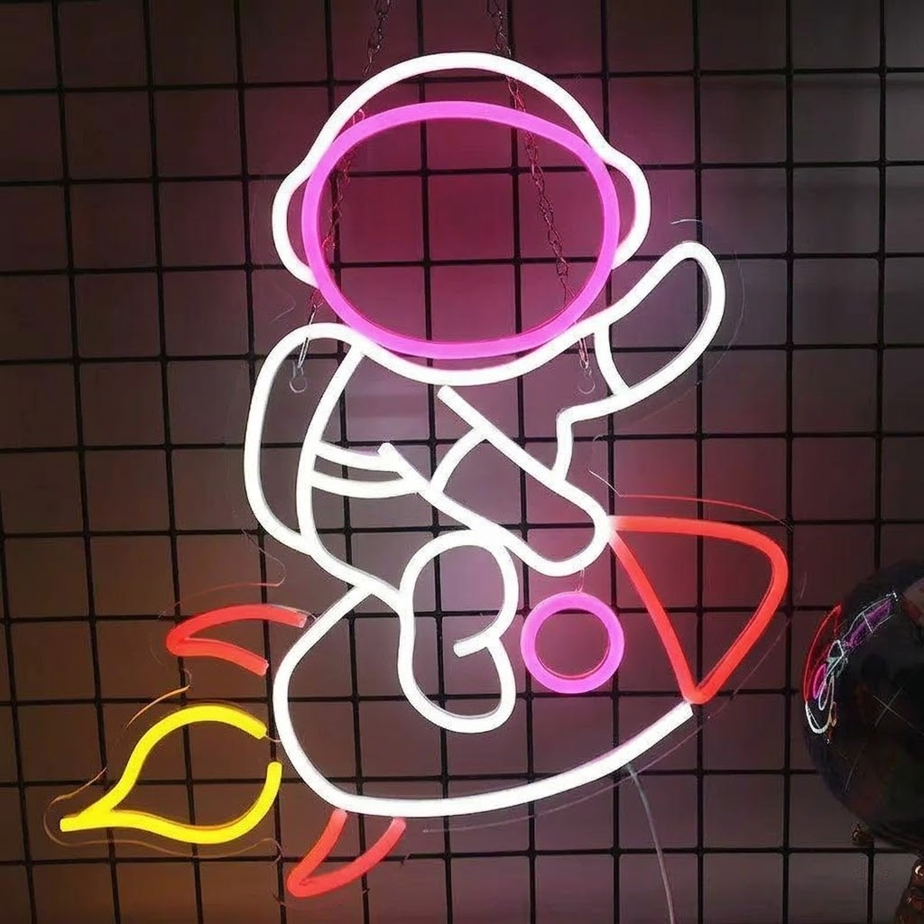 Astronaut Riding Rocket LED Neon Sign Space Wall Decor Light for Kids Room