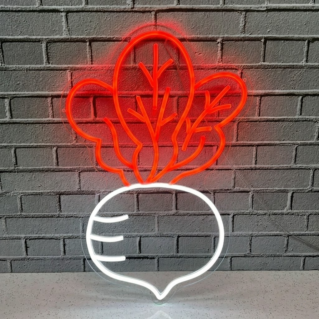 Turnip LED Neon Sign White Vegetable Neon Light with Green Leaves for Kitchen Cafe Wall Decor