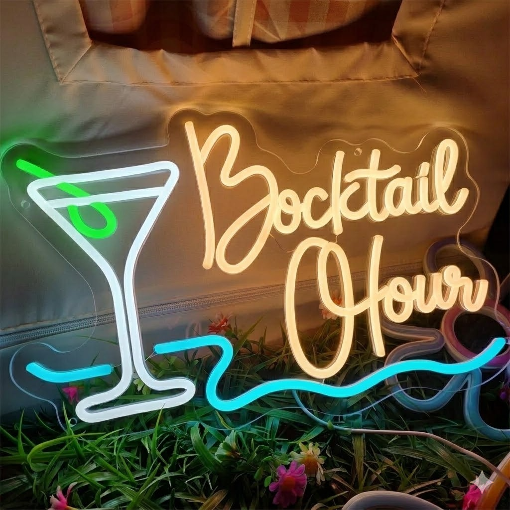 Bar Open Cocktail LED Neon Sign Pink Martini Glass Neon Light for Home Bar Decor