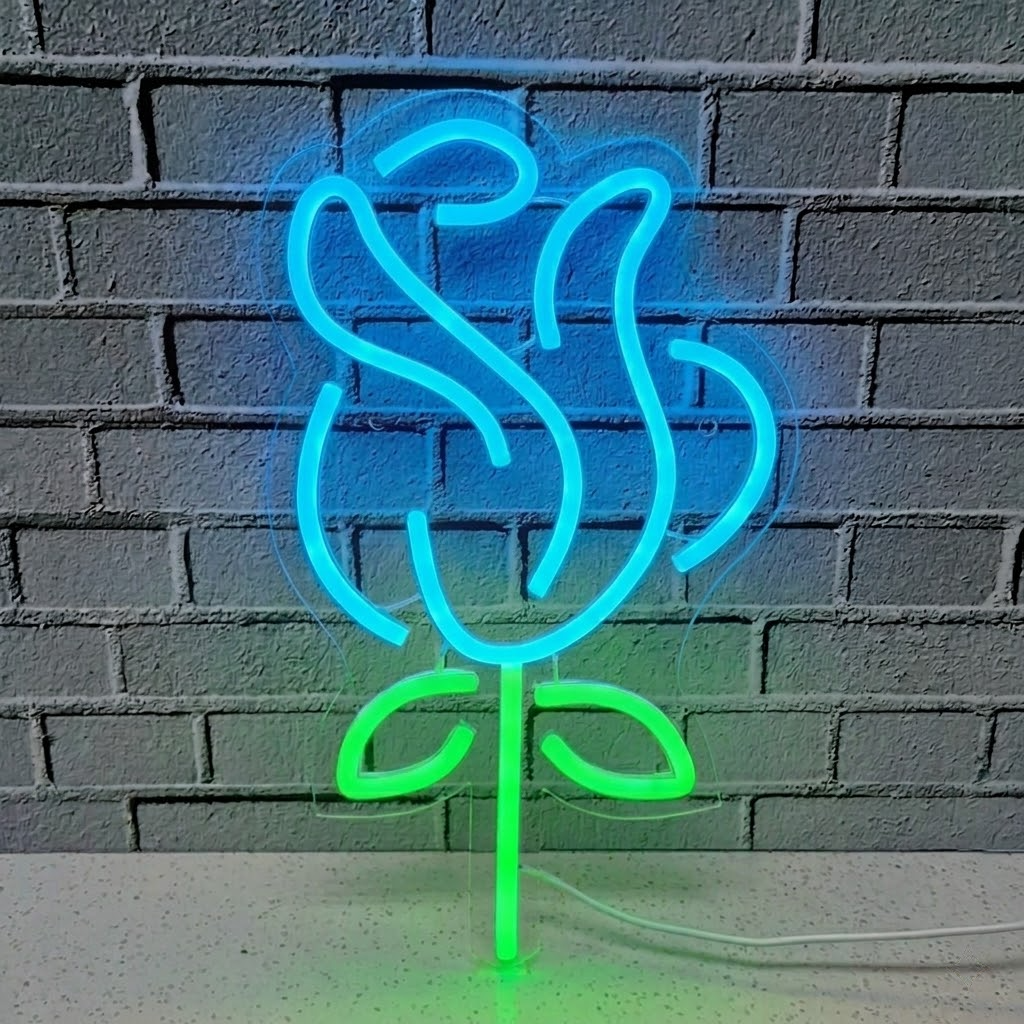 Rose LED Neon Sign Flower Neon Light with Green Stem for Bedroom Romantic Wall Decor