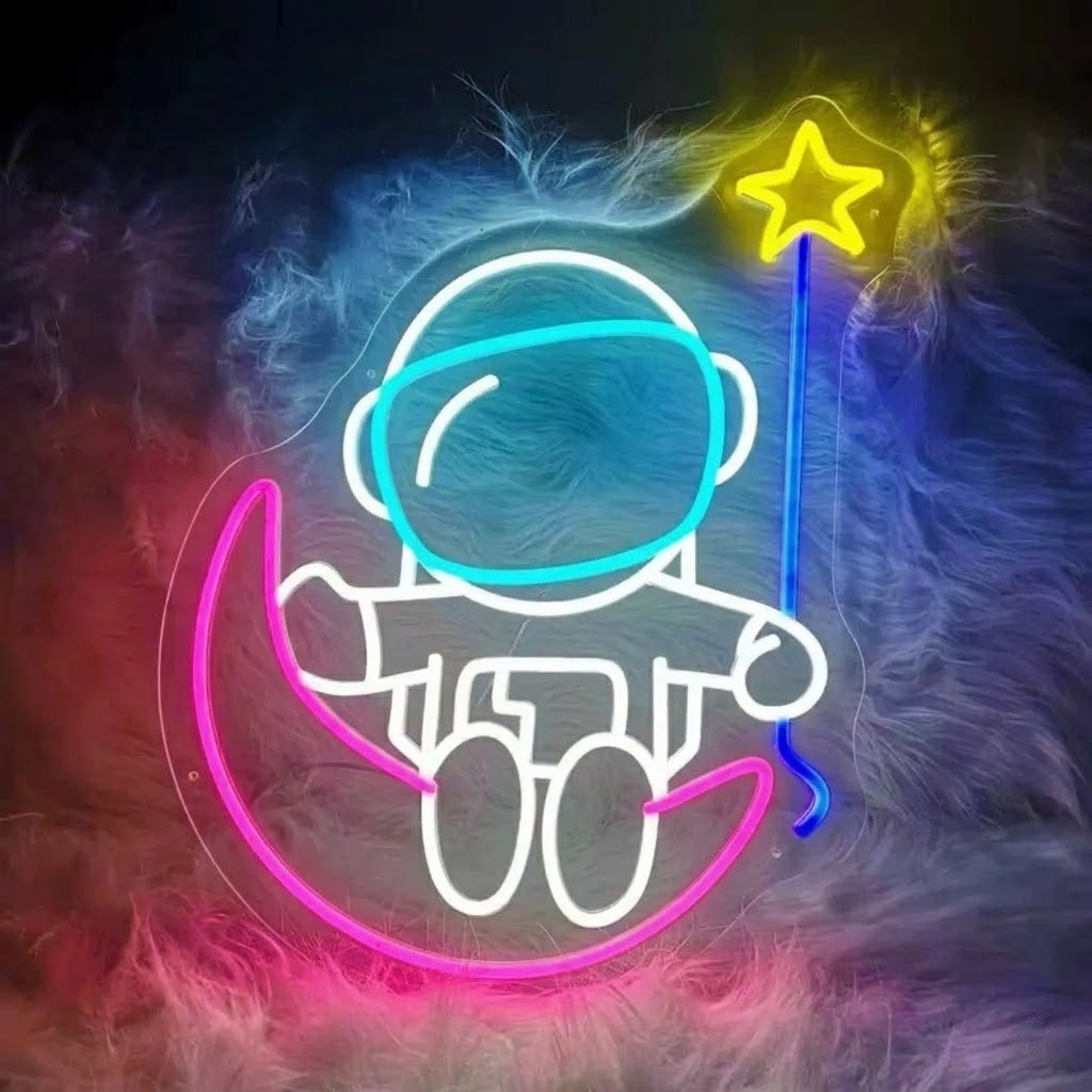 Astronaut Sitting on Moon LED Neon Sign Cute Space Wall Decor Light
