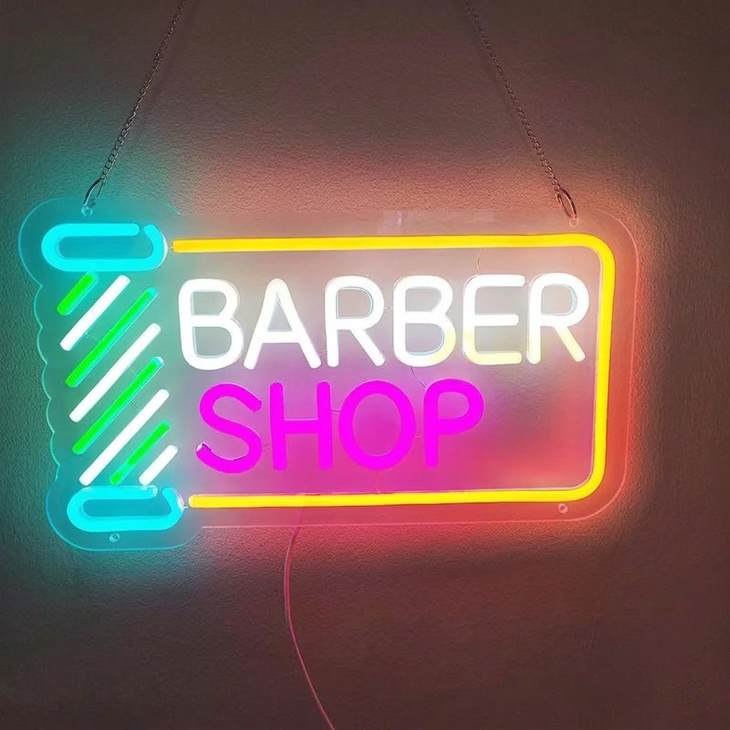 Barber Shop Neon Sign with Barber Pole LED Light for Shop Wall or Window