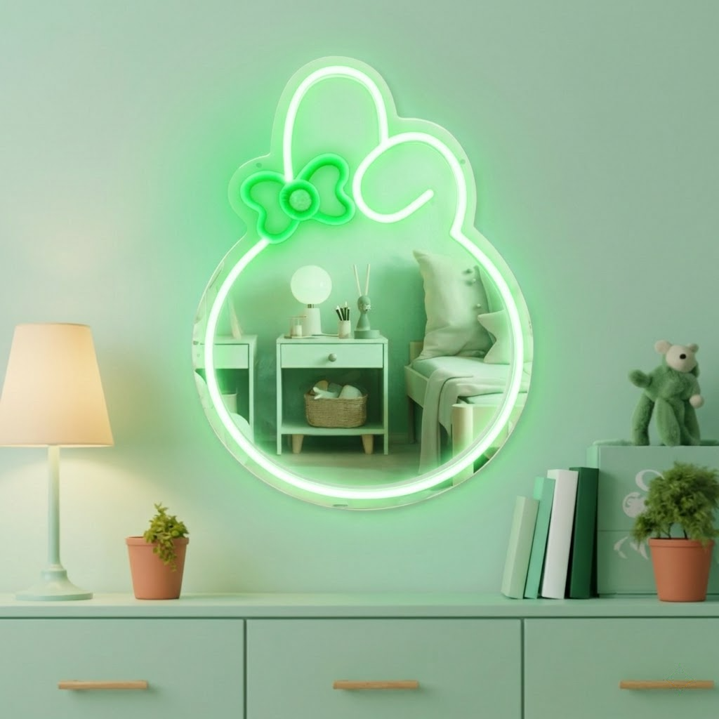Cute Bunny LED Neon Mirror Sign for Kids Room Bedroom Vanity Decor
