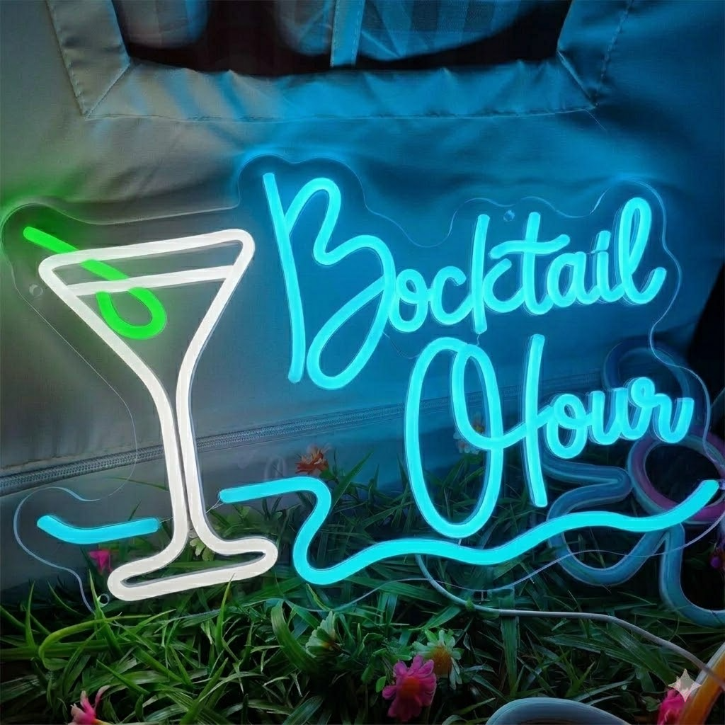 Bar Open Cocktail LED Neon Sign Pink Martini Glass Neon Light for Home Bar Decor