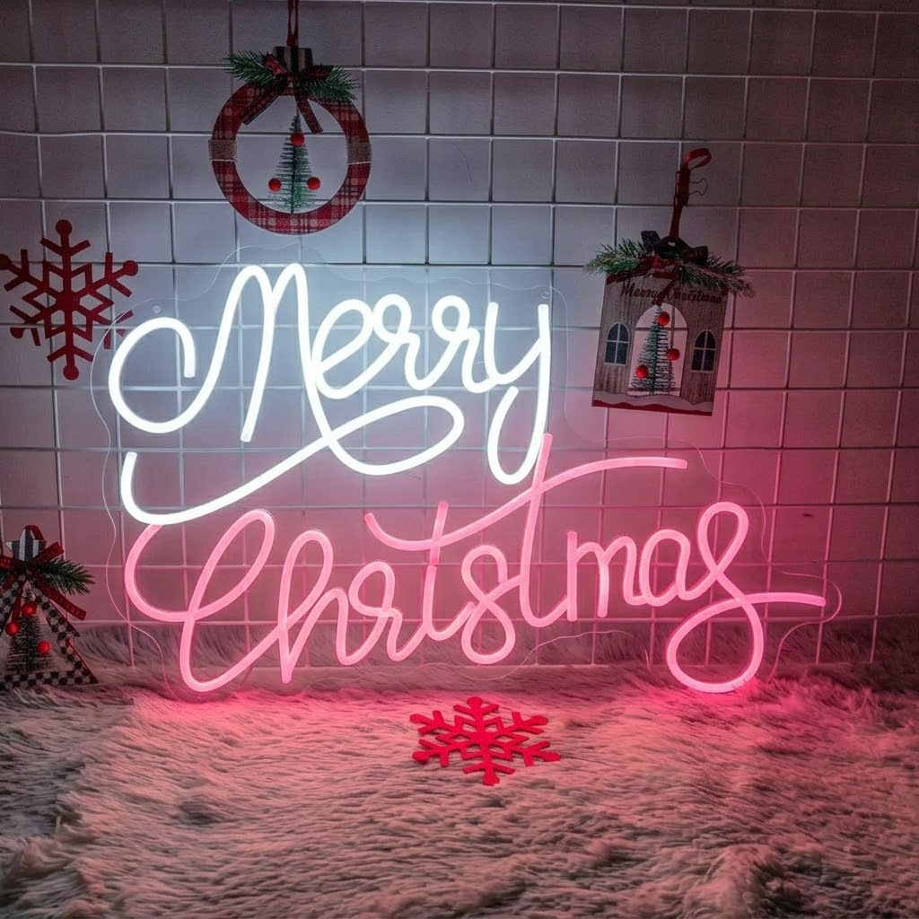 LED Merry Christmas Neon Sign with Green & Red Letters on Clear Acrylic
