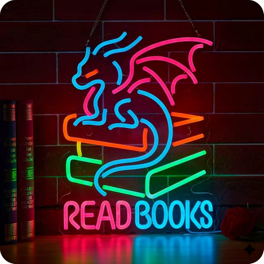 Read Books Dragon LED Neon Sign Colorful Fantasy Neon Light for Library Bookstore Study Room Decor