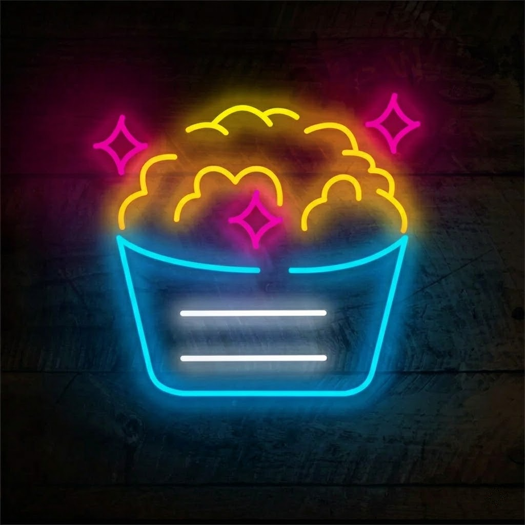 Popcorn Bucket LED Neon Sign for Home Theater and Snack Bar Decor