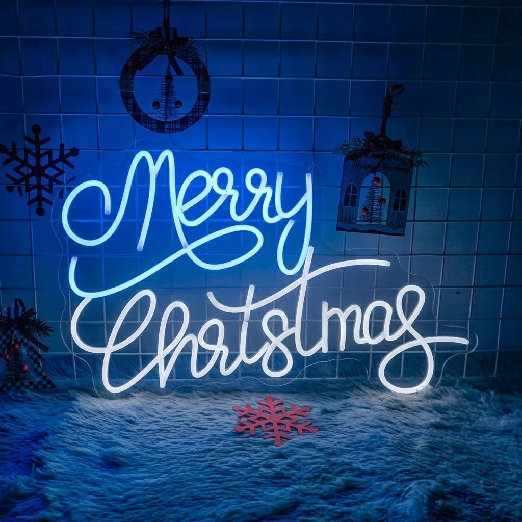 LED Merry Christmas Neon Sign with Green & Red Letters on Clear Acrylic