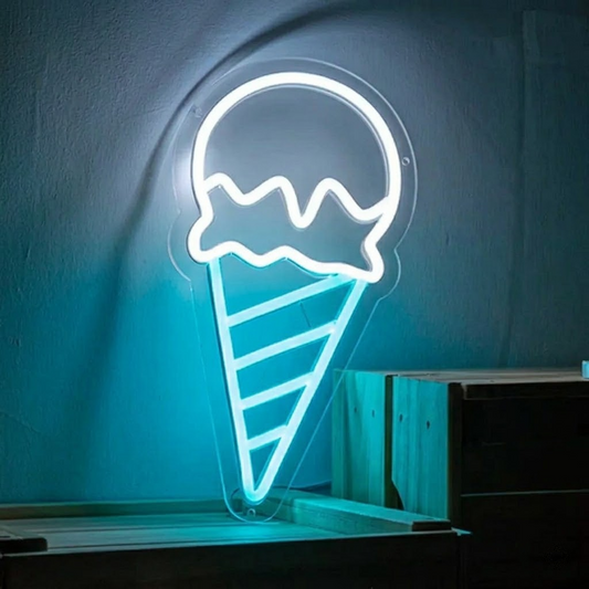 Ice Cream Cone LED Neon Sign White Scoop Yellow Cone Neon Light for Cafe Dessert Shop Wall Decor