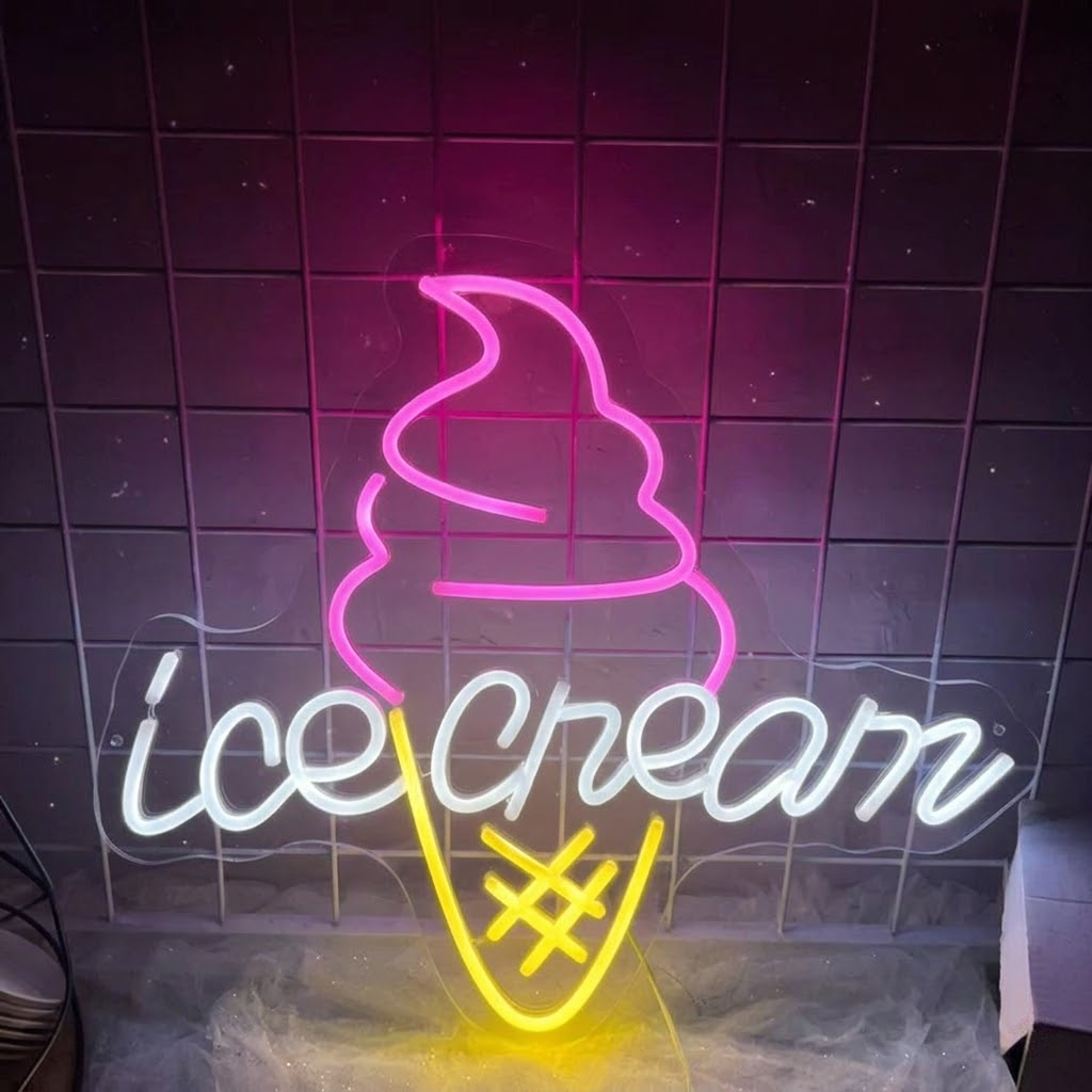 Ice Cream LED Neon Sign Pink Cone Blue Text Neon Light for Shop Wall Decor