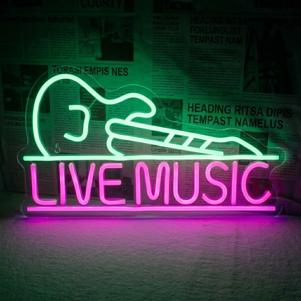 Live Music LED Neon Sign Guitar Neon Light for Bar Club Studio Wall Decor