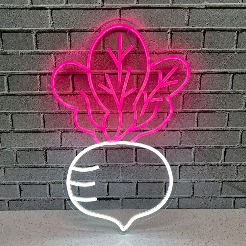 Turnip LED Neon Sign White Vegetable Neon Light with Green Leaves for Kitchen Cafe Wall Decor