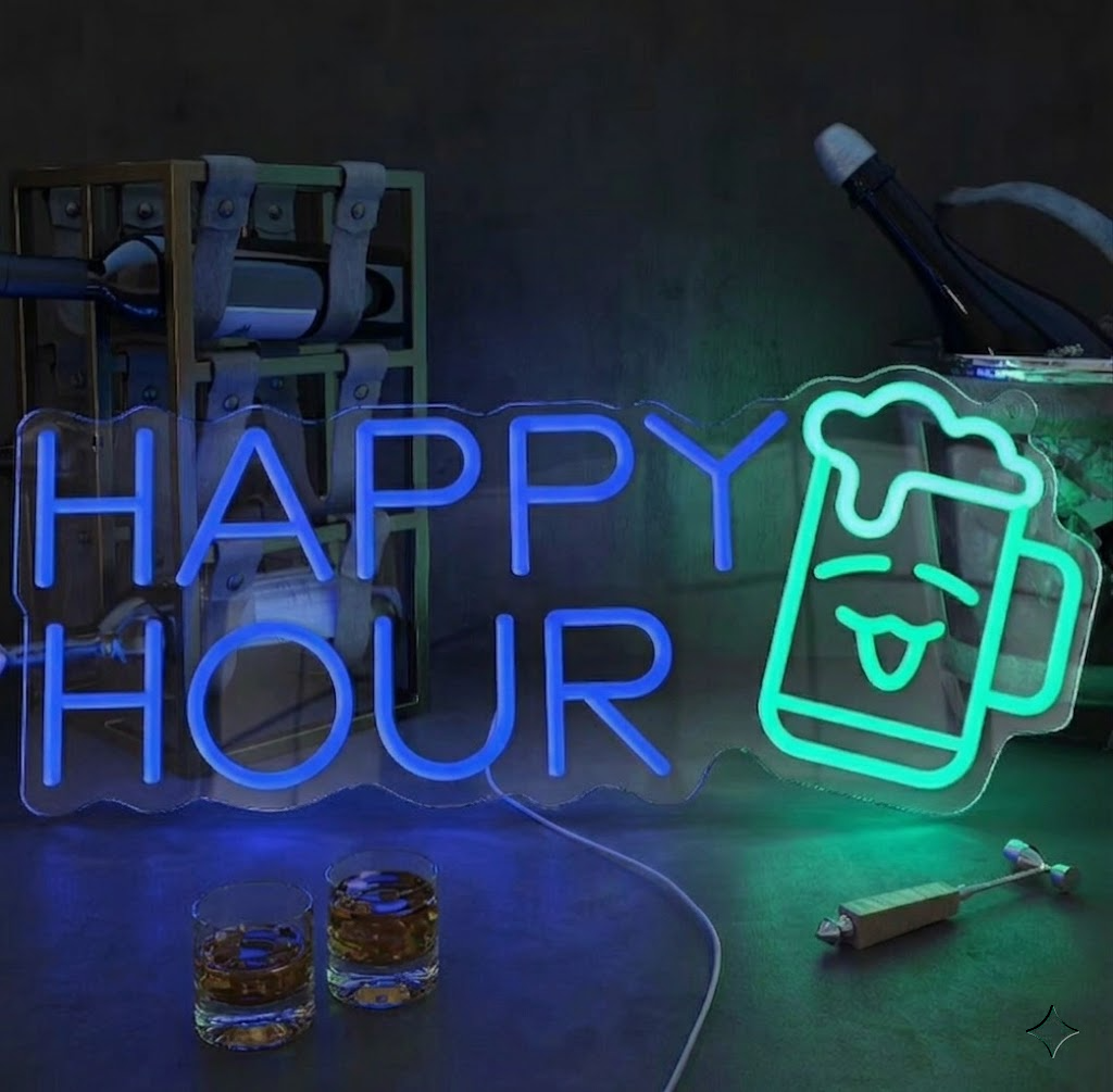 Happy Hour LED Neon Sign with Cartoon Beer Mug Wall Decor for Home Bar Pub Party