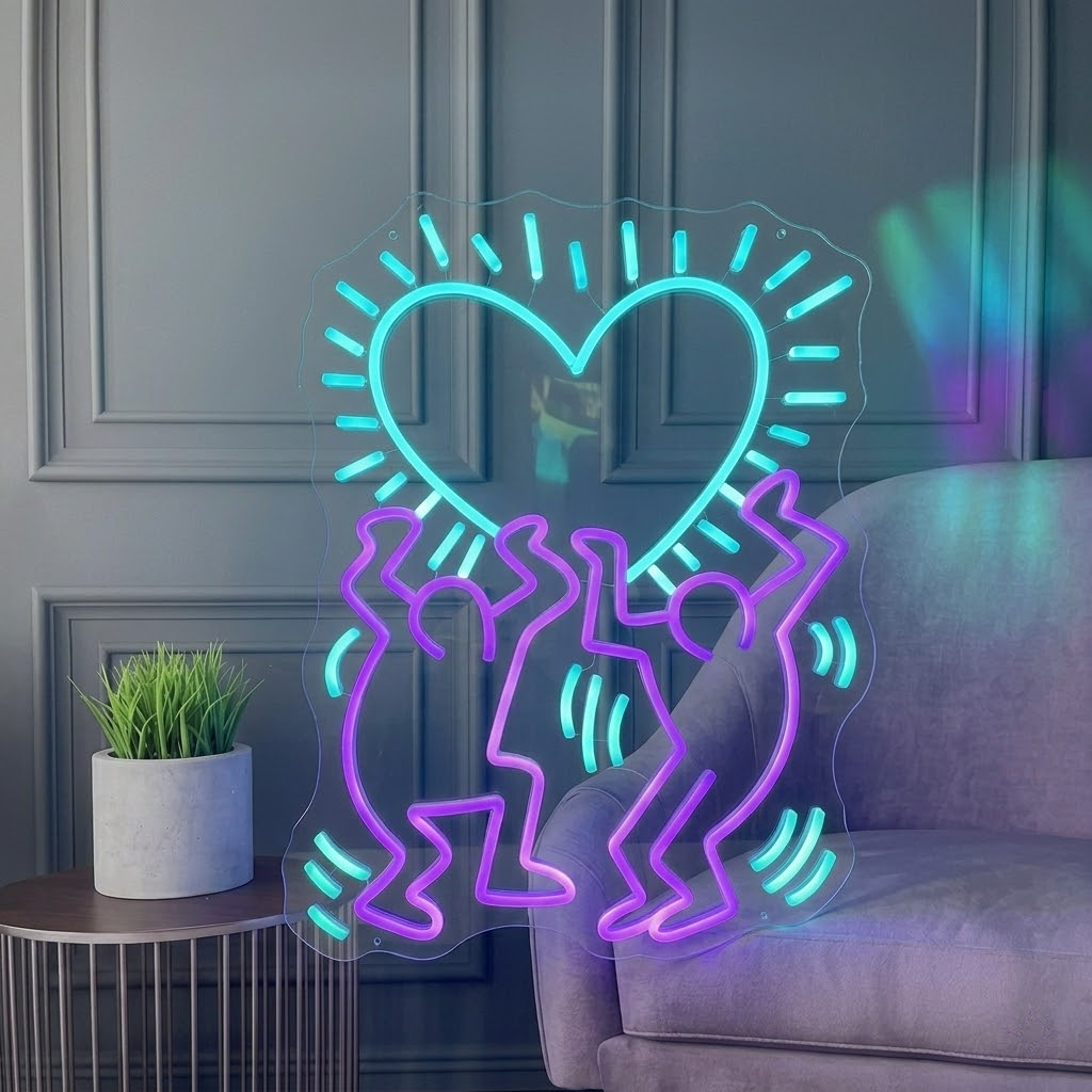 Dancing Figures Heart LED Neon Sign for Modern Wall Decor Bedroom Bar