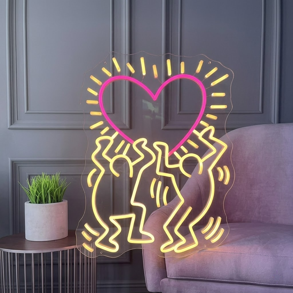 Dancing Figures Heart LED Neon Sign for Modern Wall Decor Bedroom Bar