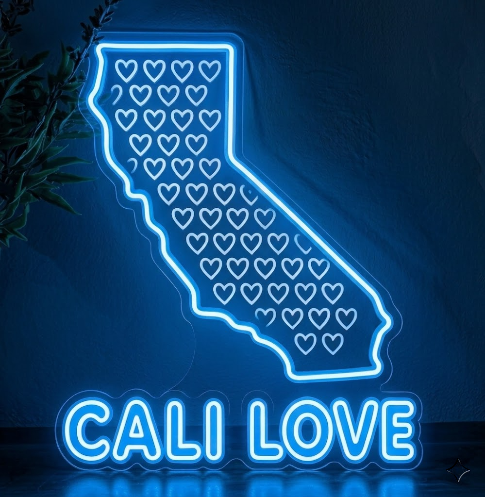 California Cali Love Heart Map Hanging Neon Sign for Bedroom Wall Decor