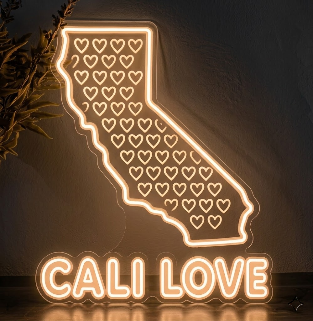 California Cali Love Heart Map Hanging Neon Sign for Bedroom Wall Decor