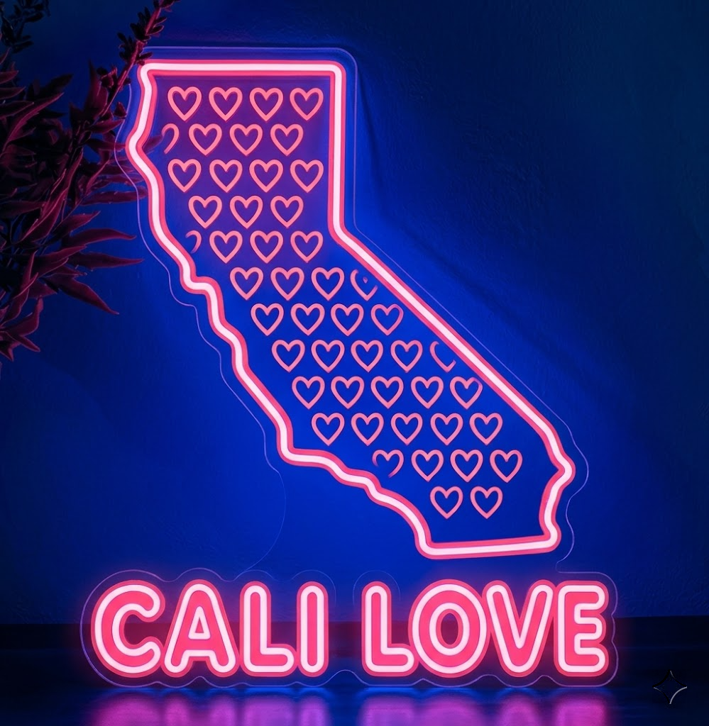 California Cali Love Heart Map Hanging Neon Sign for Bedroom Wall Decor