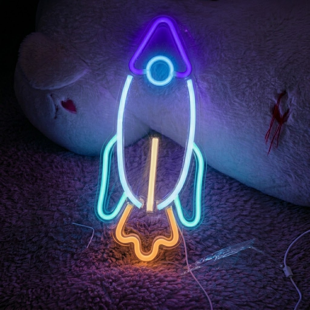 Cute Rocket LED Neon Sign for Kids Room Wall Decor