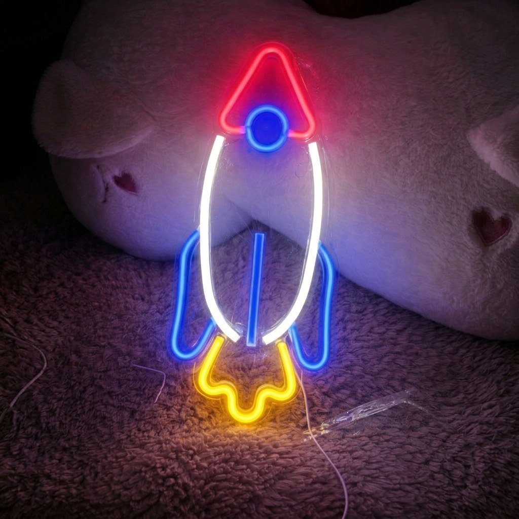 Cute Rocket LED Neon Sign for Kids Room Wall Decor