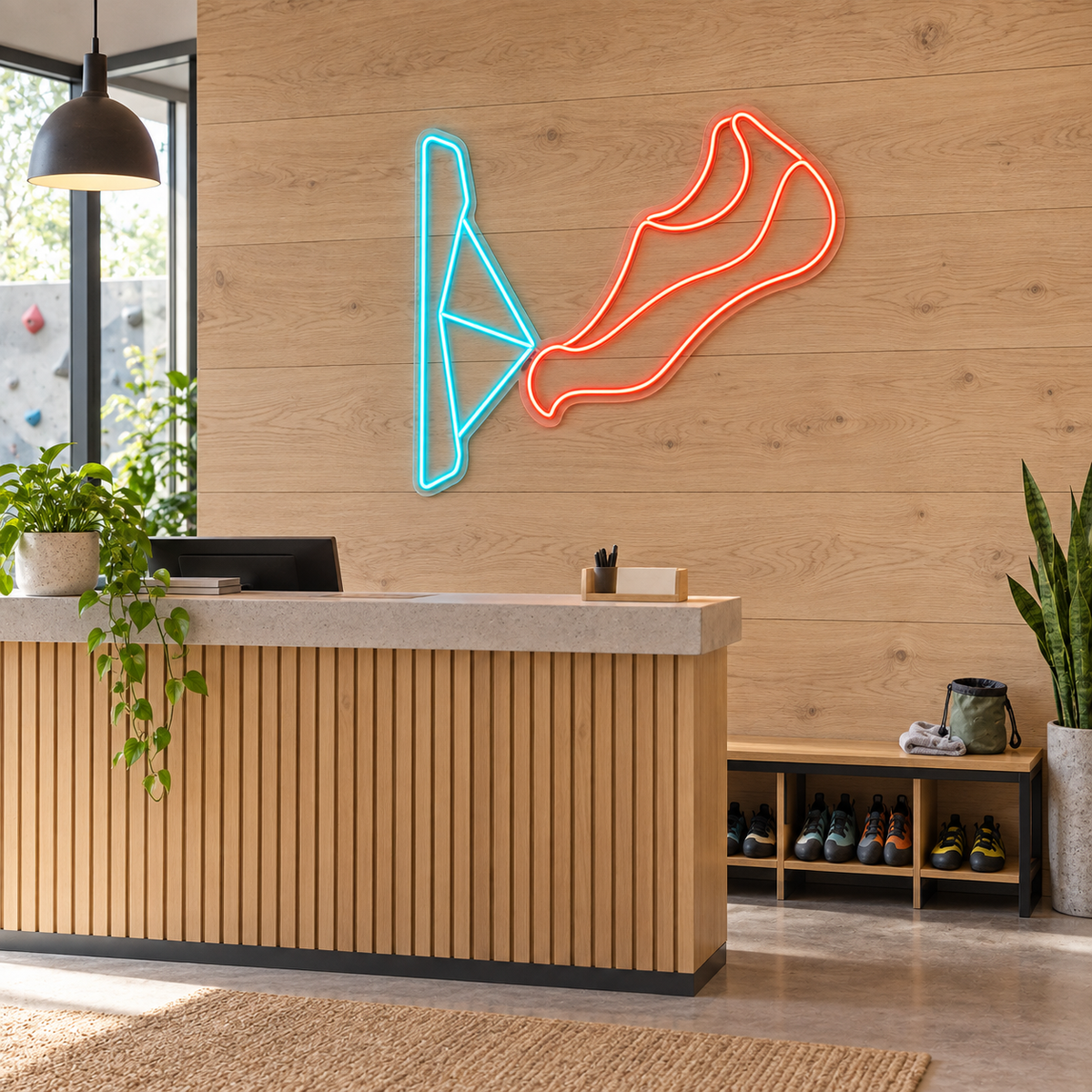 Climbing Shoe LED Neon Sign for Climbing Gyms - interior setting