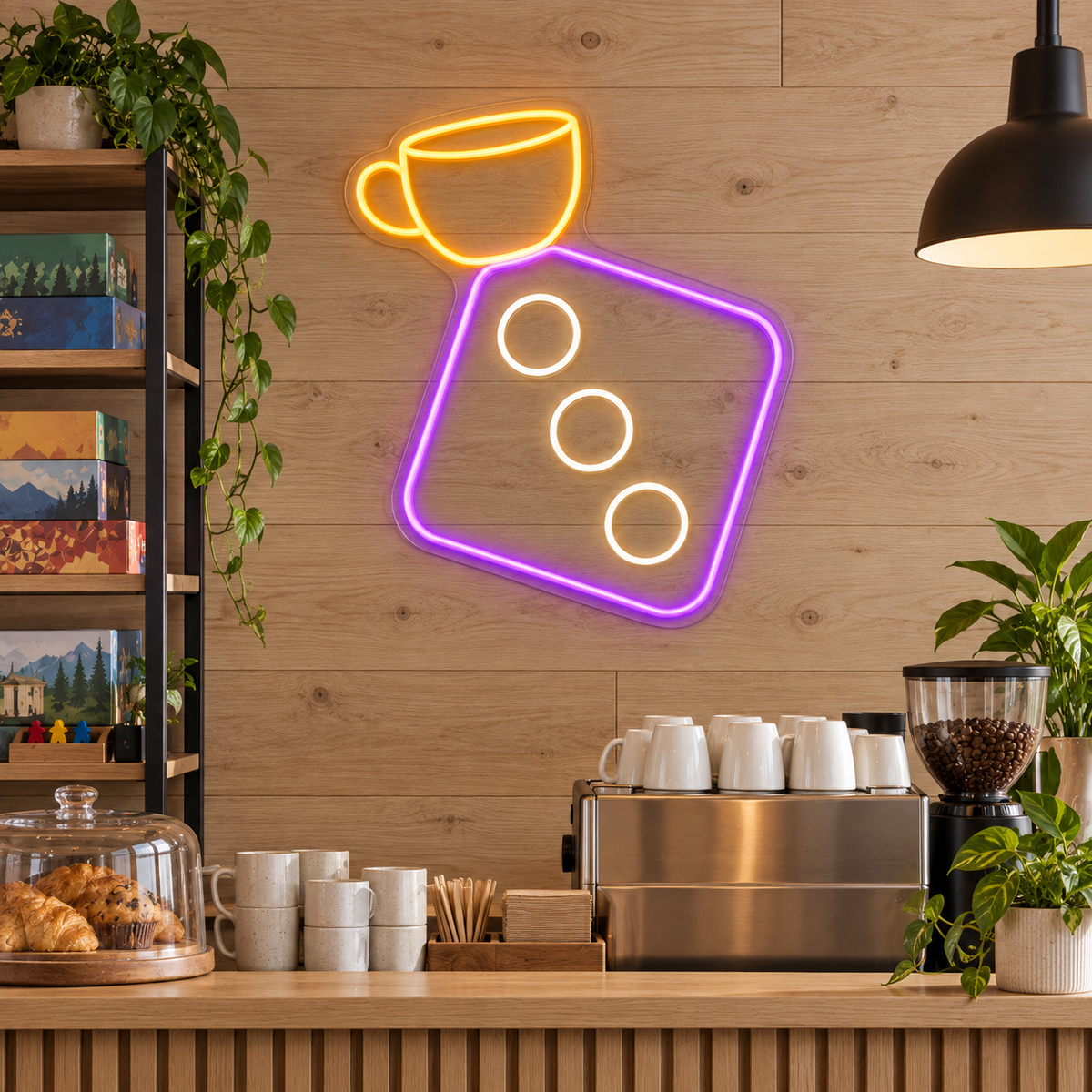 Coffee & Dice LED Neon Sign for Board Game Cafes - interior setting