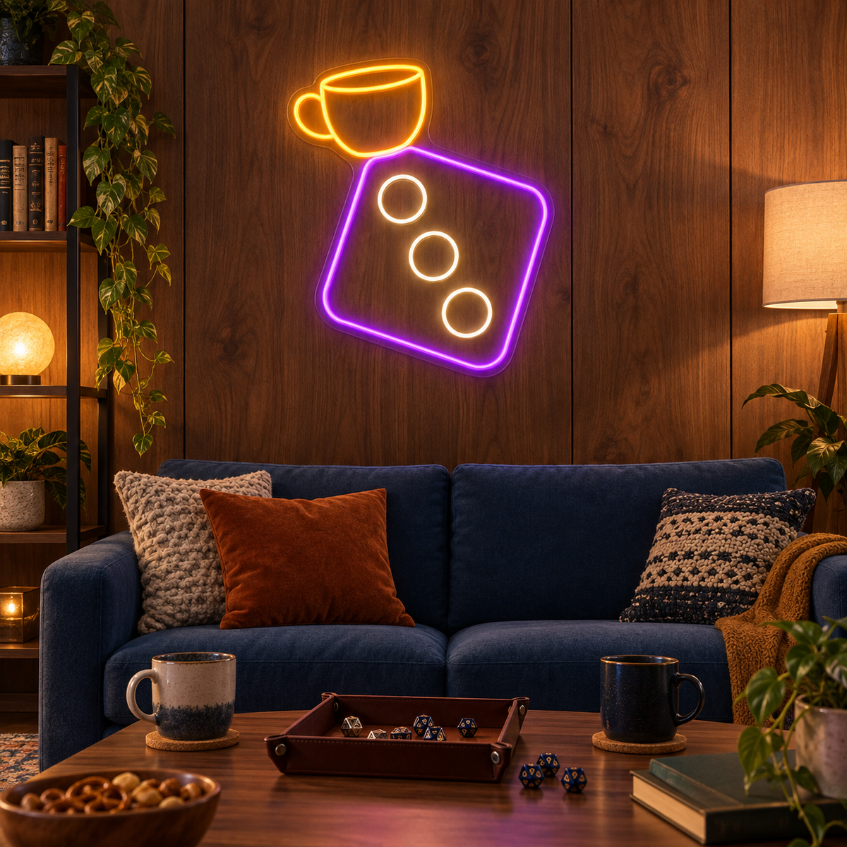 Coffee & Dice LED Neon Sign for Board Game Cafes - interior setting
