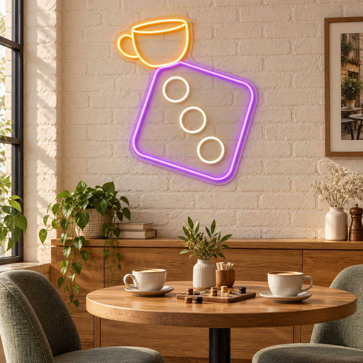 Coffee & Dice LED Neon Sign for Board Game Cafes - interior setting