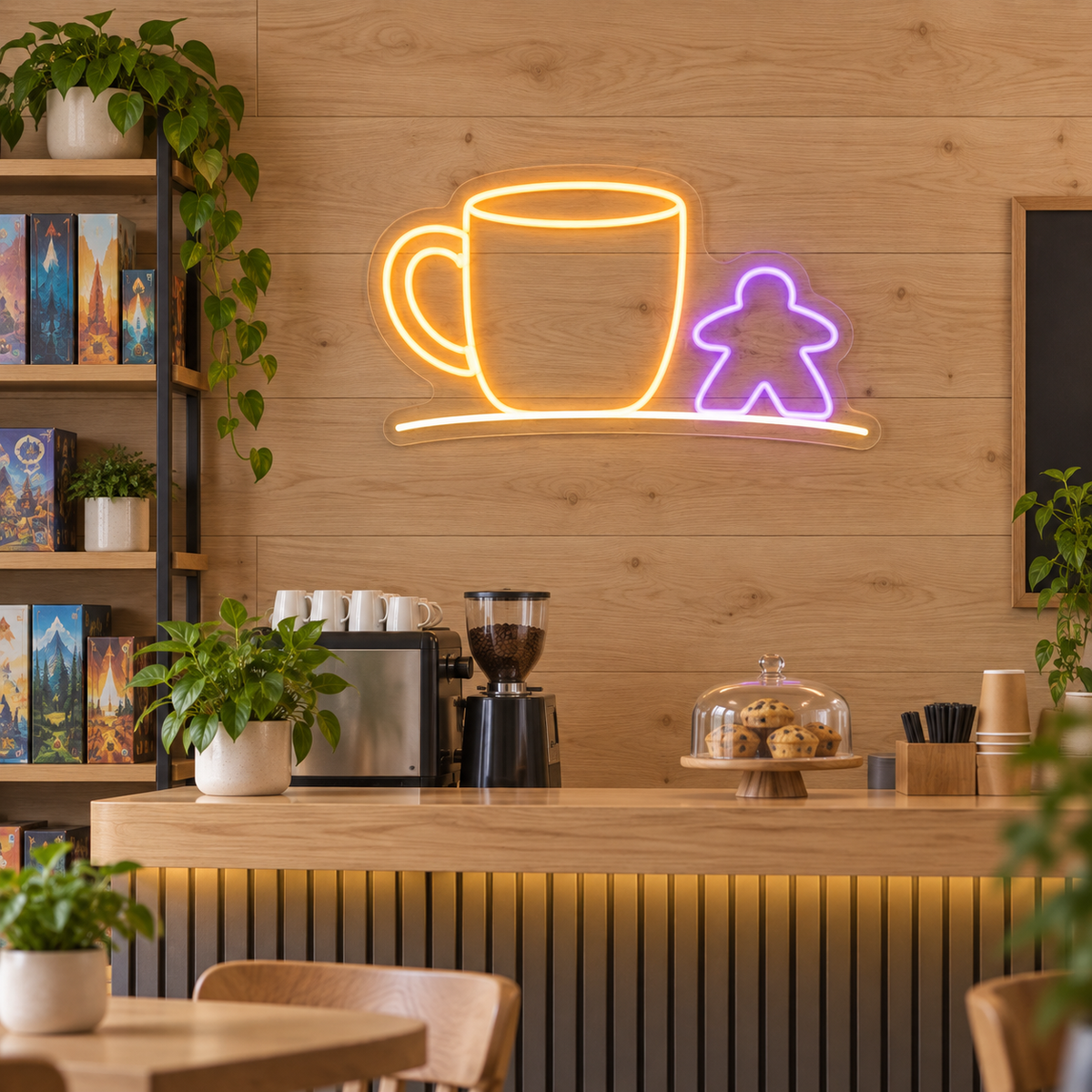 Coffee & Meeple LED Neon Sign for Board Game Cafes - interior setting