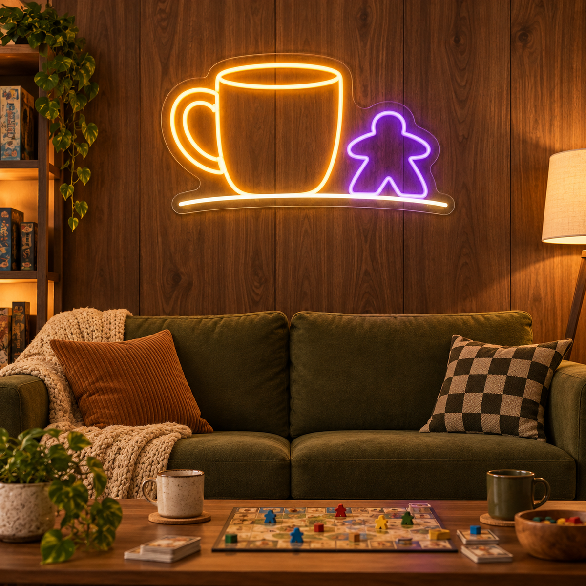 Coffee & Meeple LED Neon Sign for Board Game Cafes - interior setting