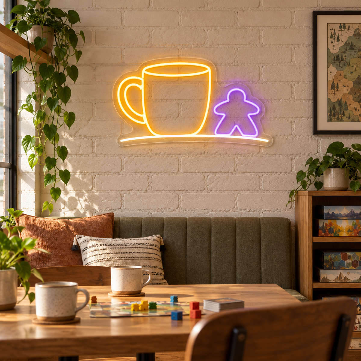 Coffee & Meeple LED Neon Sign for Board Game Cafes - interior setting