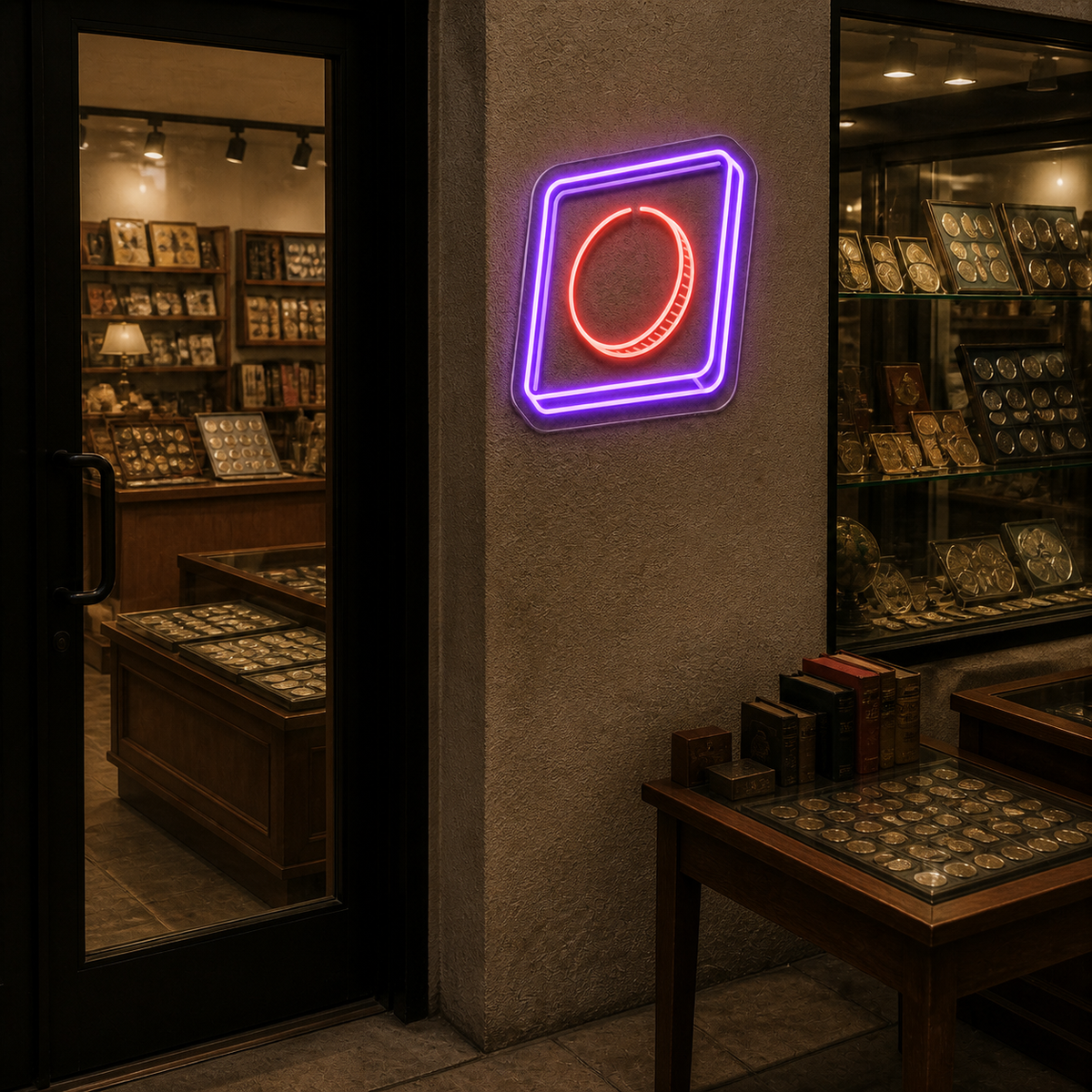 Coin Display Frame LED Neon Sign for Display Spaces - interior setting