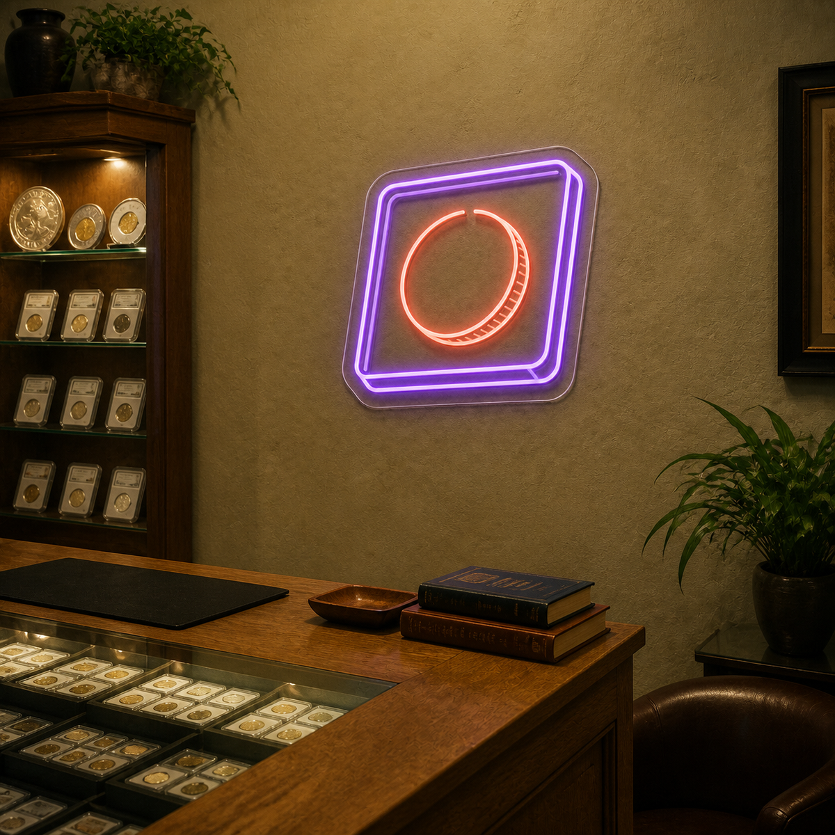 Coin Display Frame LED Neon Sign for Display Spaces - interior setting
