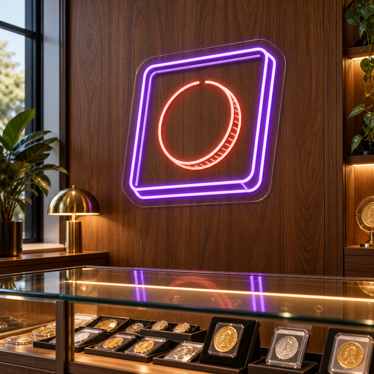 Coin Display Frame LED Neon Sign for Display Spaces - interior setting