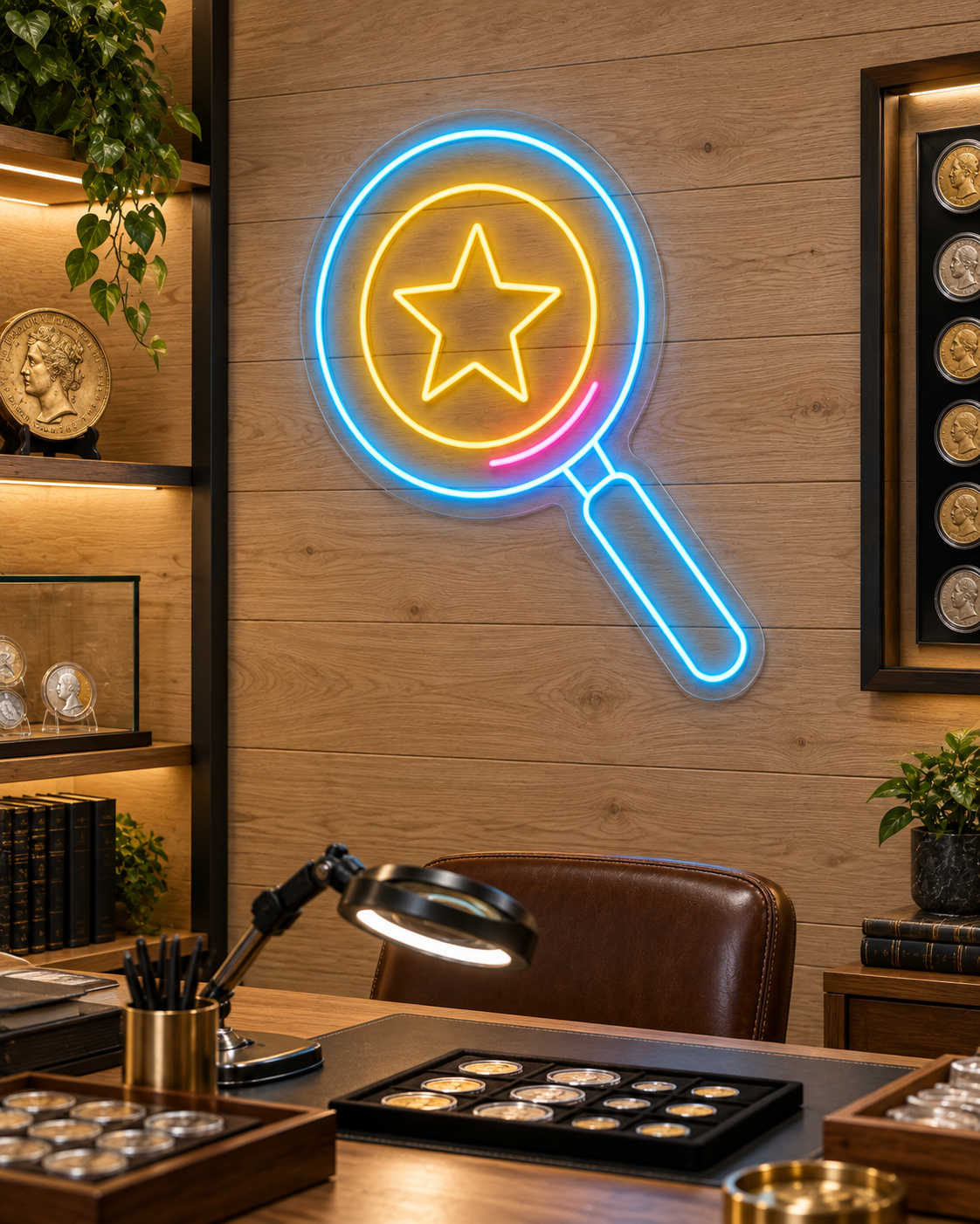 Coin Magnifying Glass LED Neon Sign for Coin Shops - interior setting