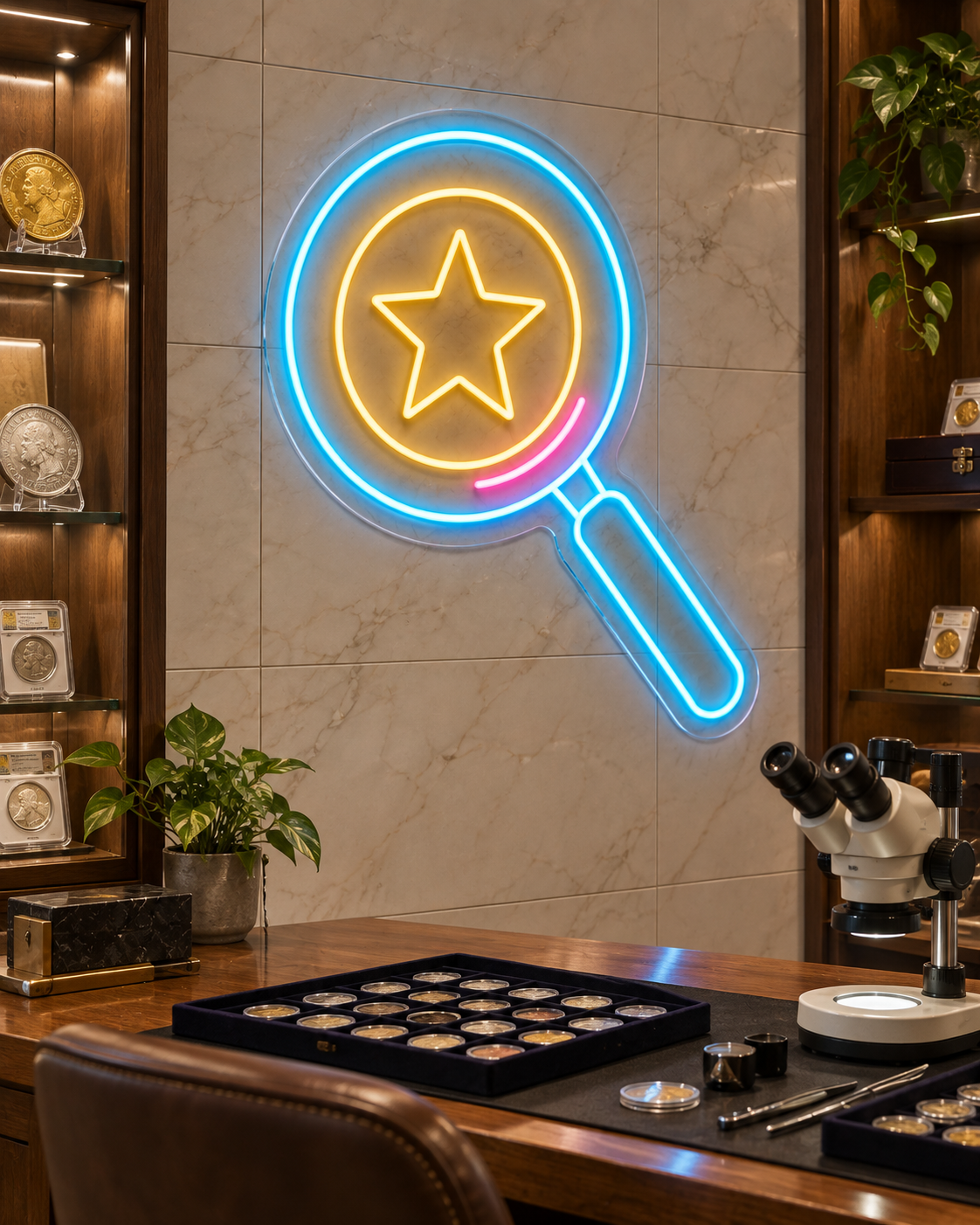 Coin Magnifying Glass LED Neon Sign for Coin Shops - interior setting
