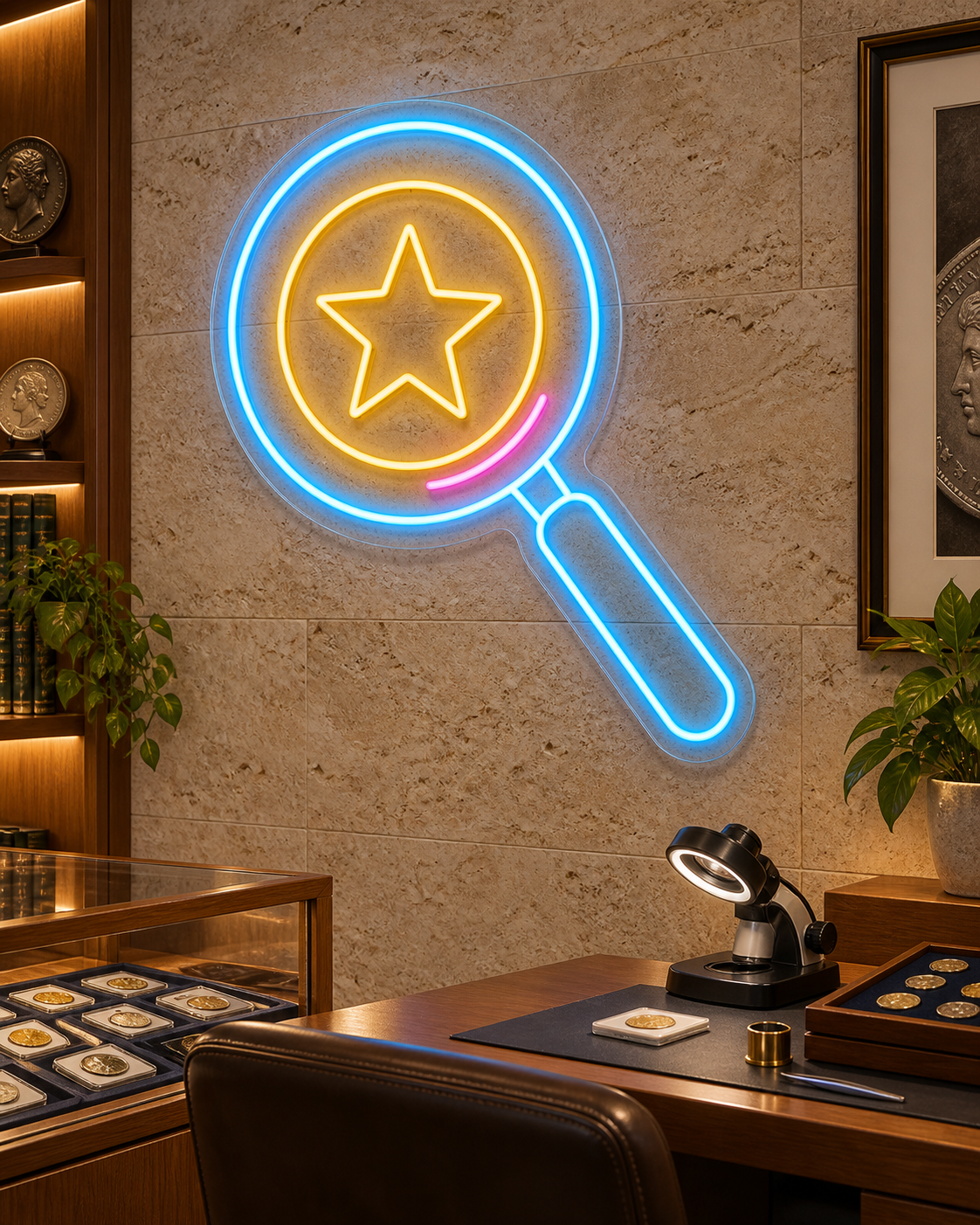 Coin Magnifying Glass LED Neon Sign for Coin Shops - interior setting