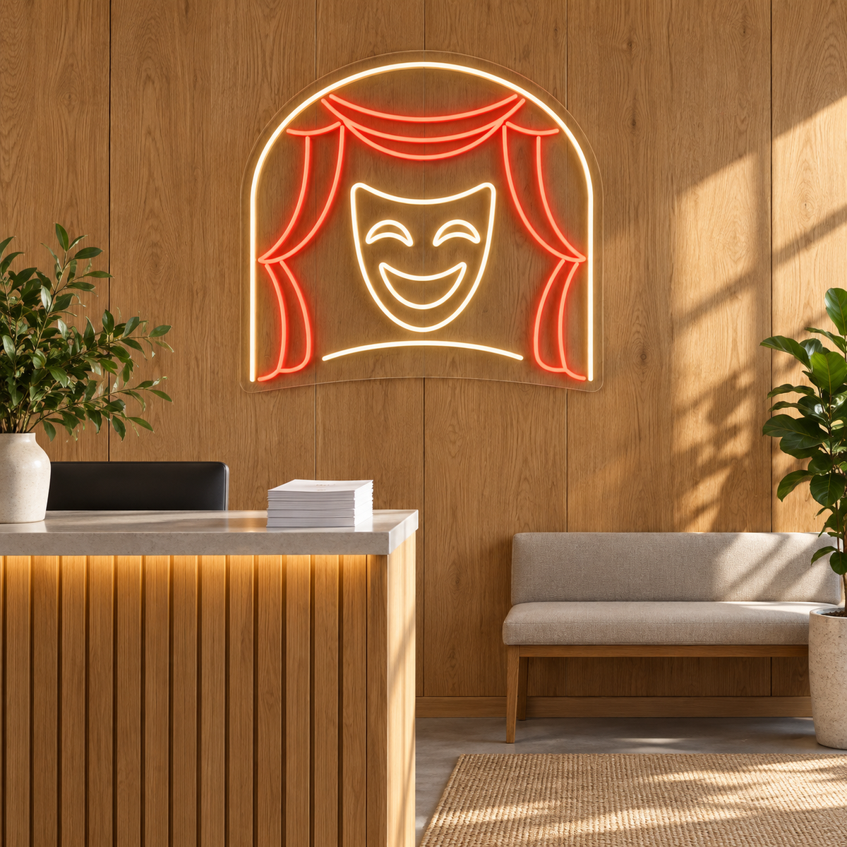 Comedy Mask & Curtains LED Neon Sign for Theaters - interior setting