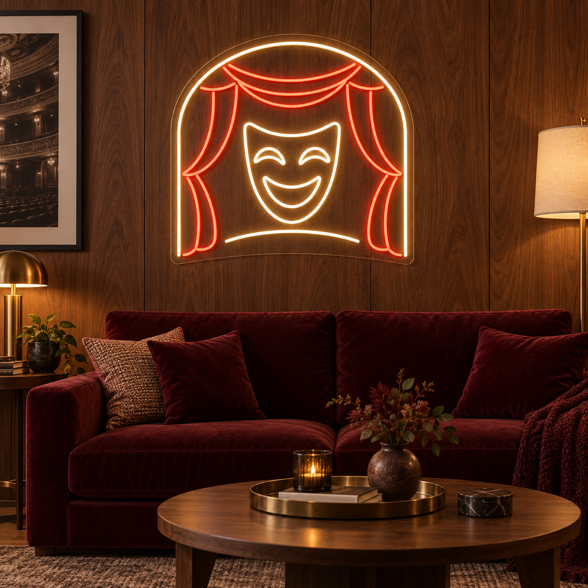 Comedy Mask & Curtains LED Neon Sign for Theaters - interior setting