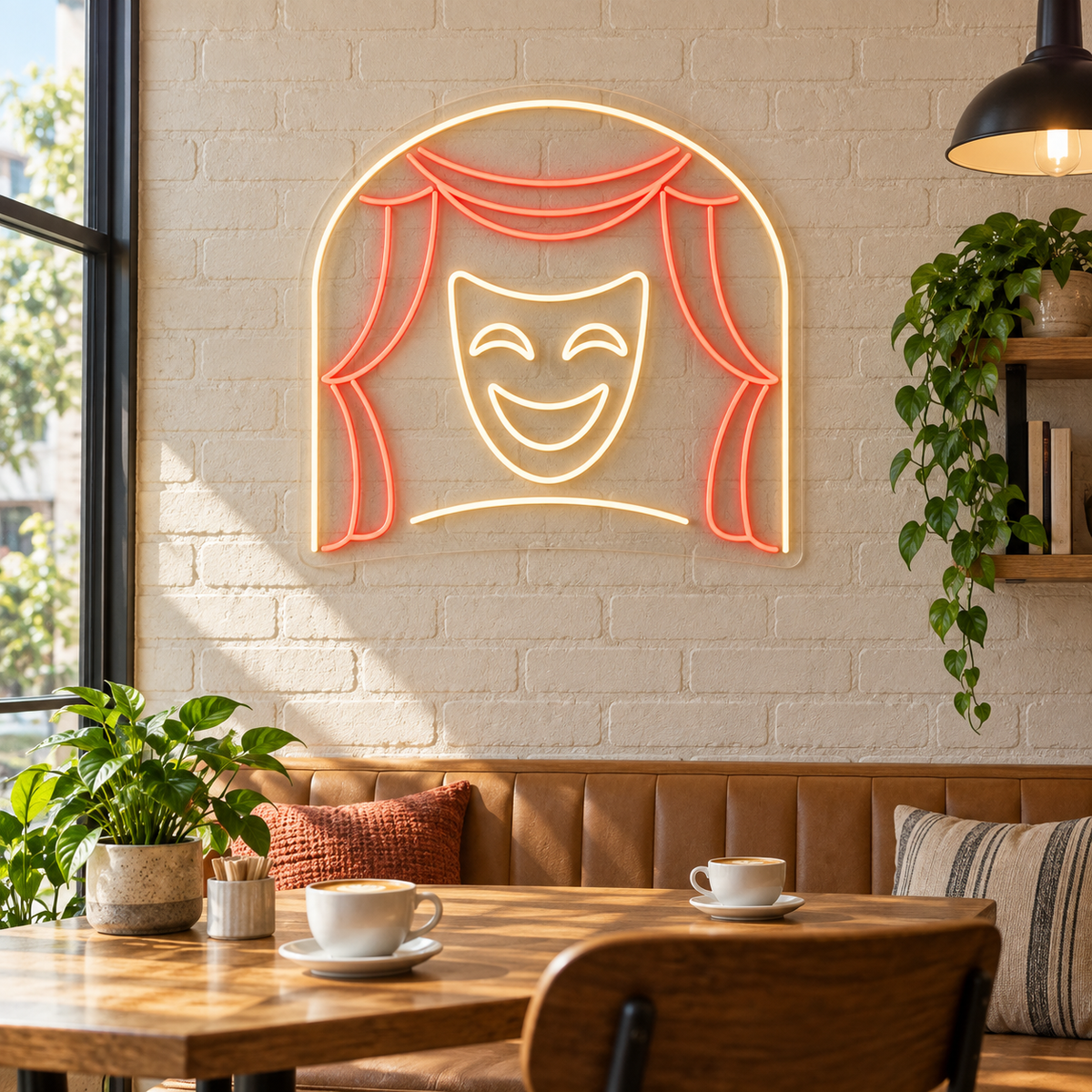 Comedy Mask & Curtains LED Neon Sign for Theaters - interior setting