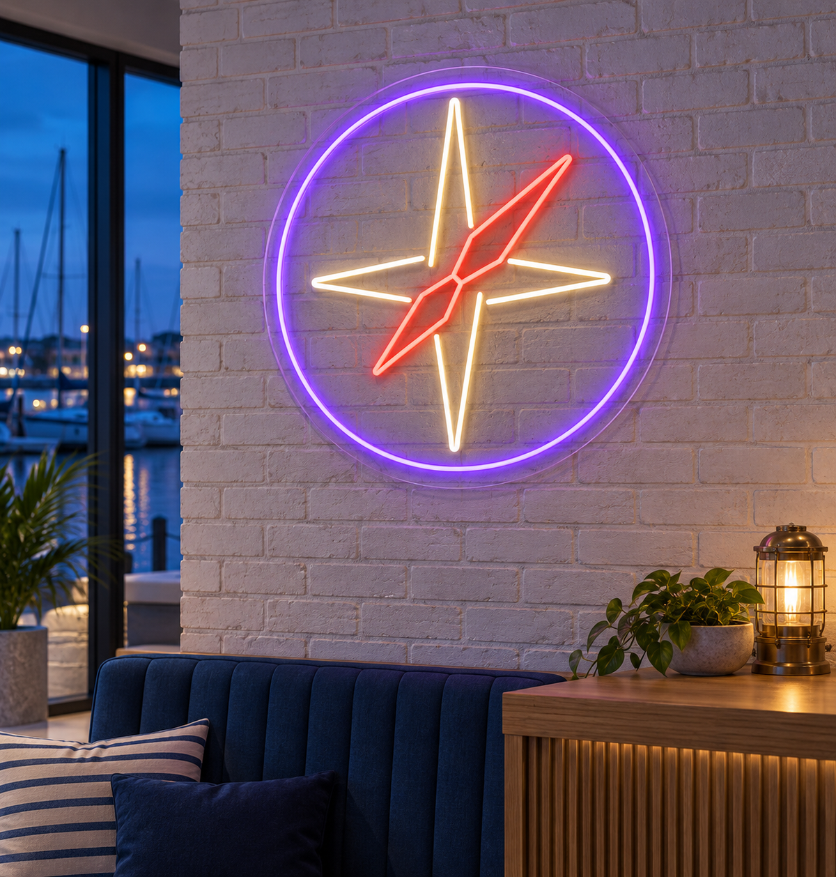 Compass Rose LED Neon Sign for Nautical Rooms - interior setting