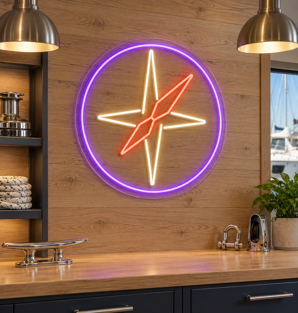 Compass Rose LED Neon Sign for Nautical Rooms - interior setting
