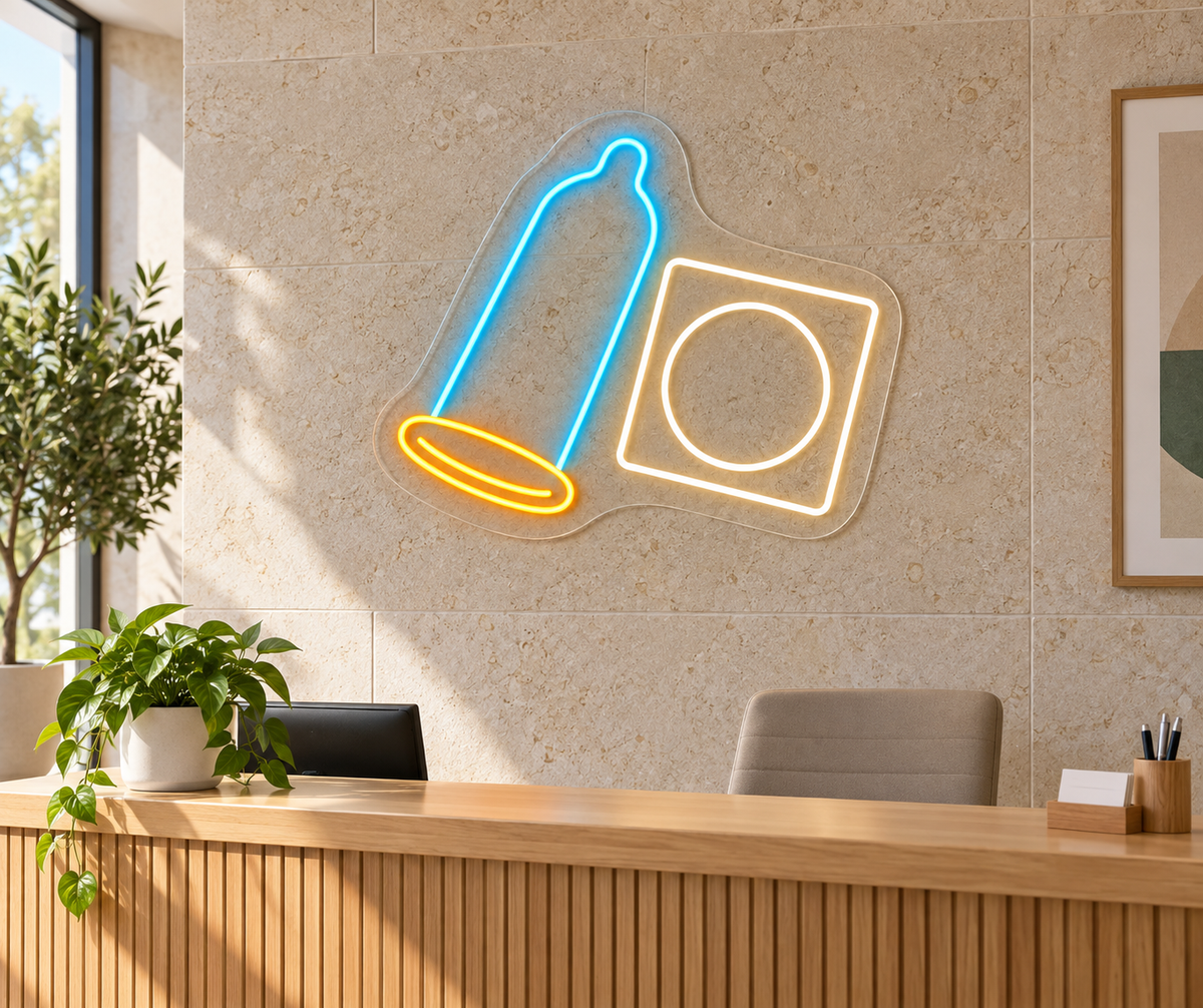 Condom & Wrapper LED Neon Sign for Family Planning Clinics - interior setting