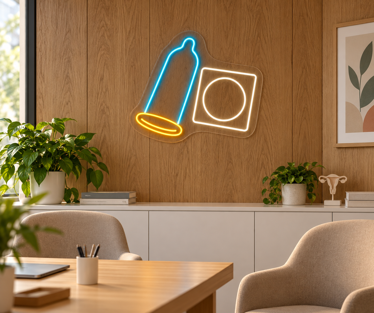 Condom & Wrapper LED Neon Sign for Family Planning Clinics - interior setting